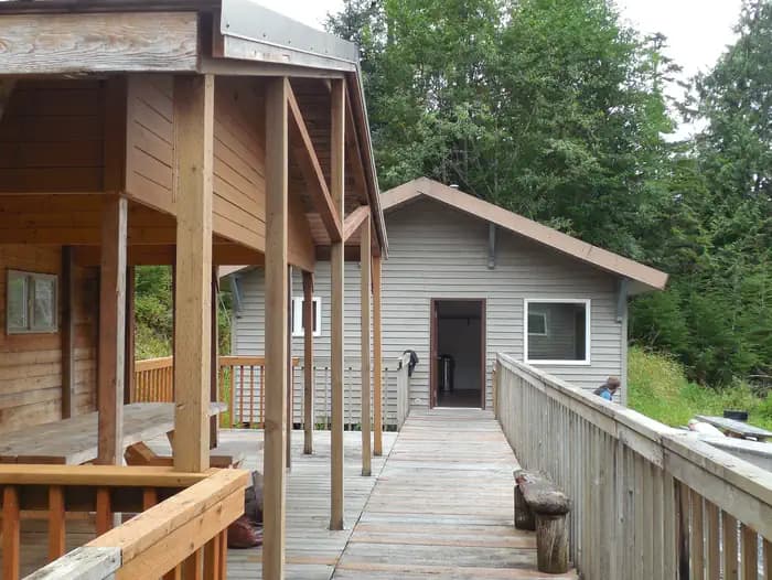 Deep Bay Cabin walkway to cabin with covered picnic table on the left