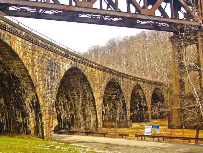 Outflow kayak/ canoe launch to the Conemaugh River. Also photo of 1907 Railroad bridge.