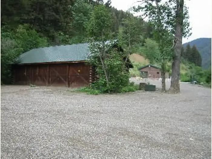 Lower Hyalite Group Area - building, fire ring & Cottonwood trees