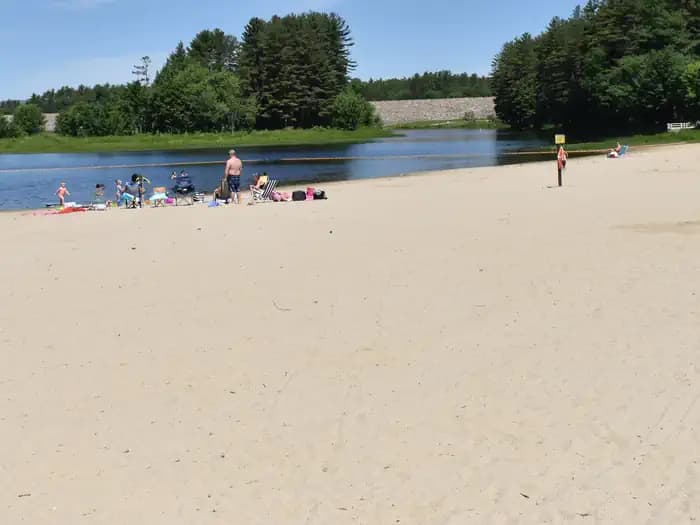 A group of visitors enjoying the Elm Brook Park beach on a clear summer day.