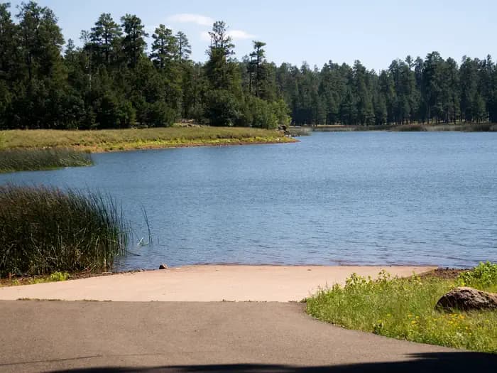 Lake with boat ramp