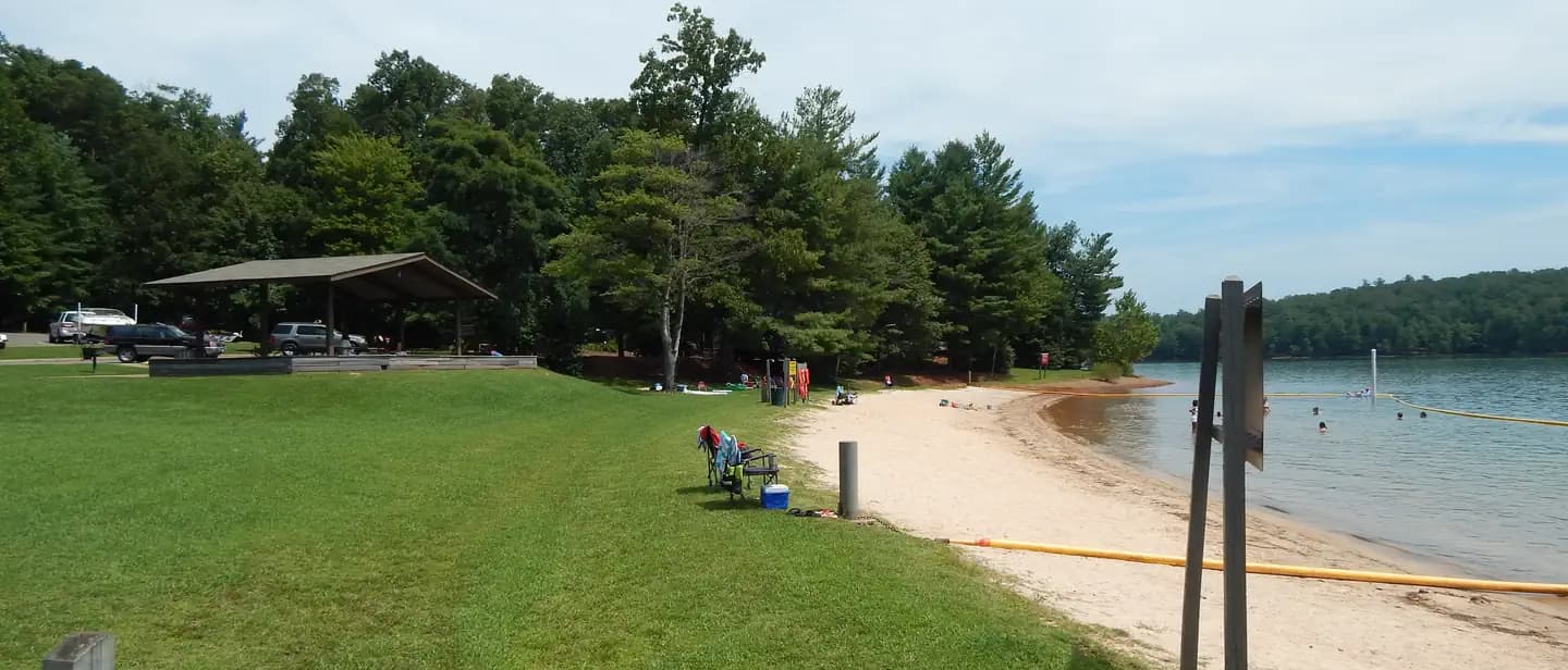 Philpott Lake's inviting sandy beach and swim area at Goose Point.