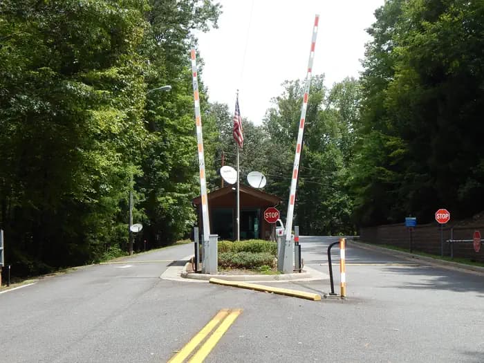 Goose Point entrance kiosk with opening and closing gate arms.