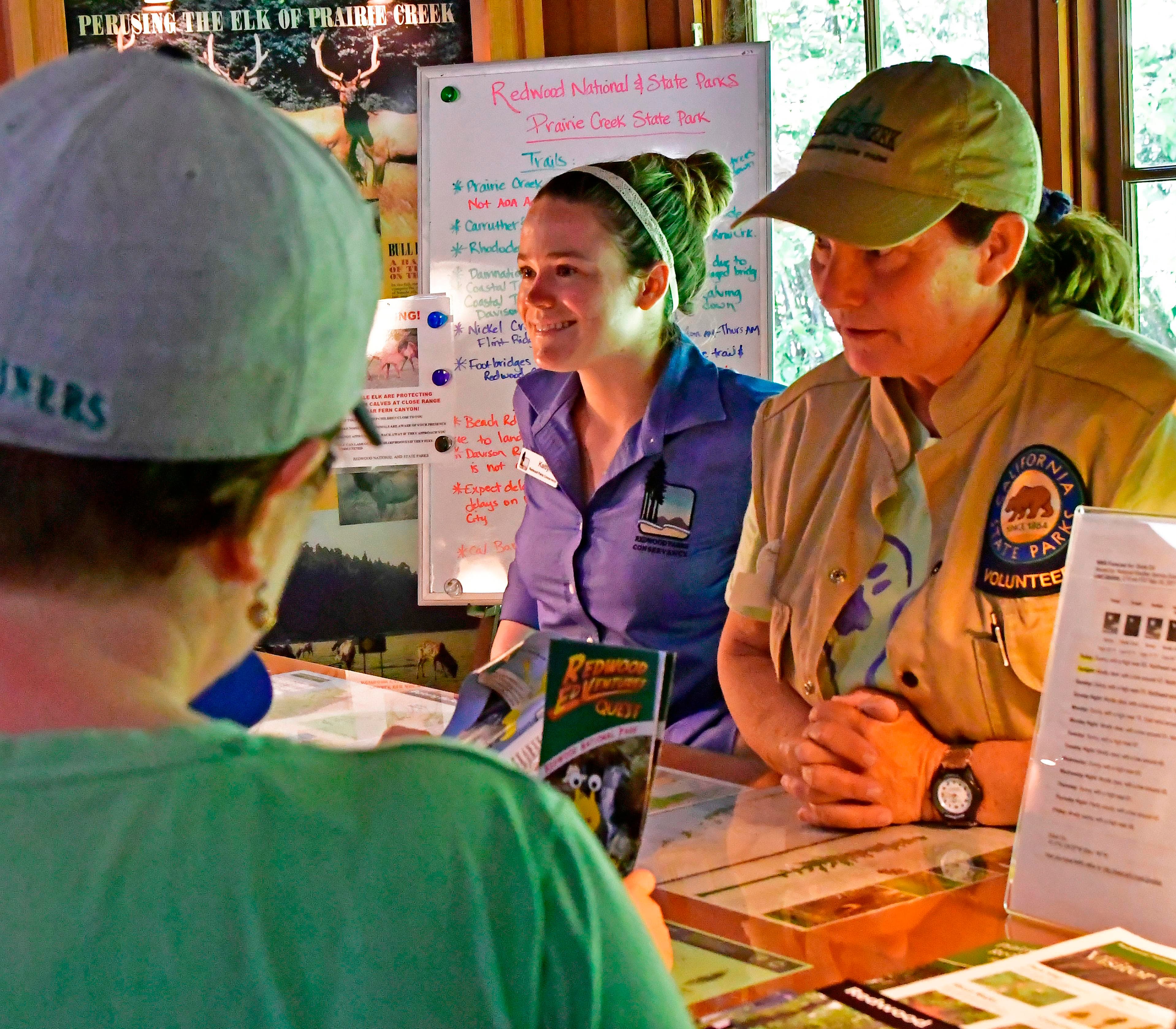 Visitors and staff at the Prairie Creek Visitor Center