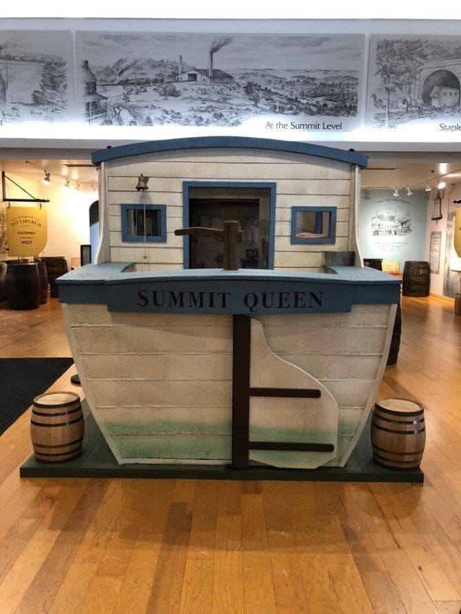 A canal boat model inside the Visitor Center.