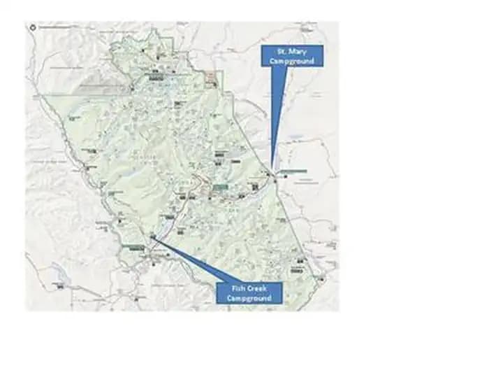 A park map comparing the locations of St. Mary and Fish Creek Campgrounds