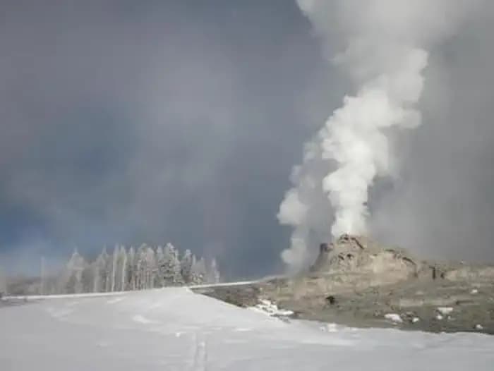 Plume of white steam emerging from Castle Geyser in the Upper Geyser Basin