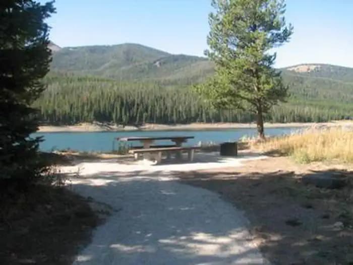 Hood Creek Campground campsite with view of Hyalite Reservoir