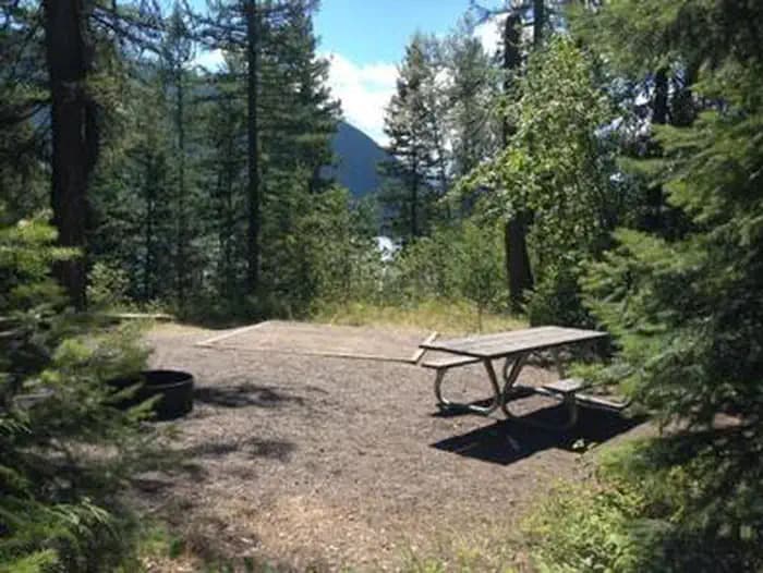 A picnic table on one of the APGAR GROUP SITES surrounded by pine trees