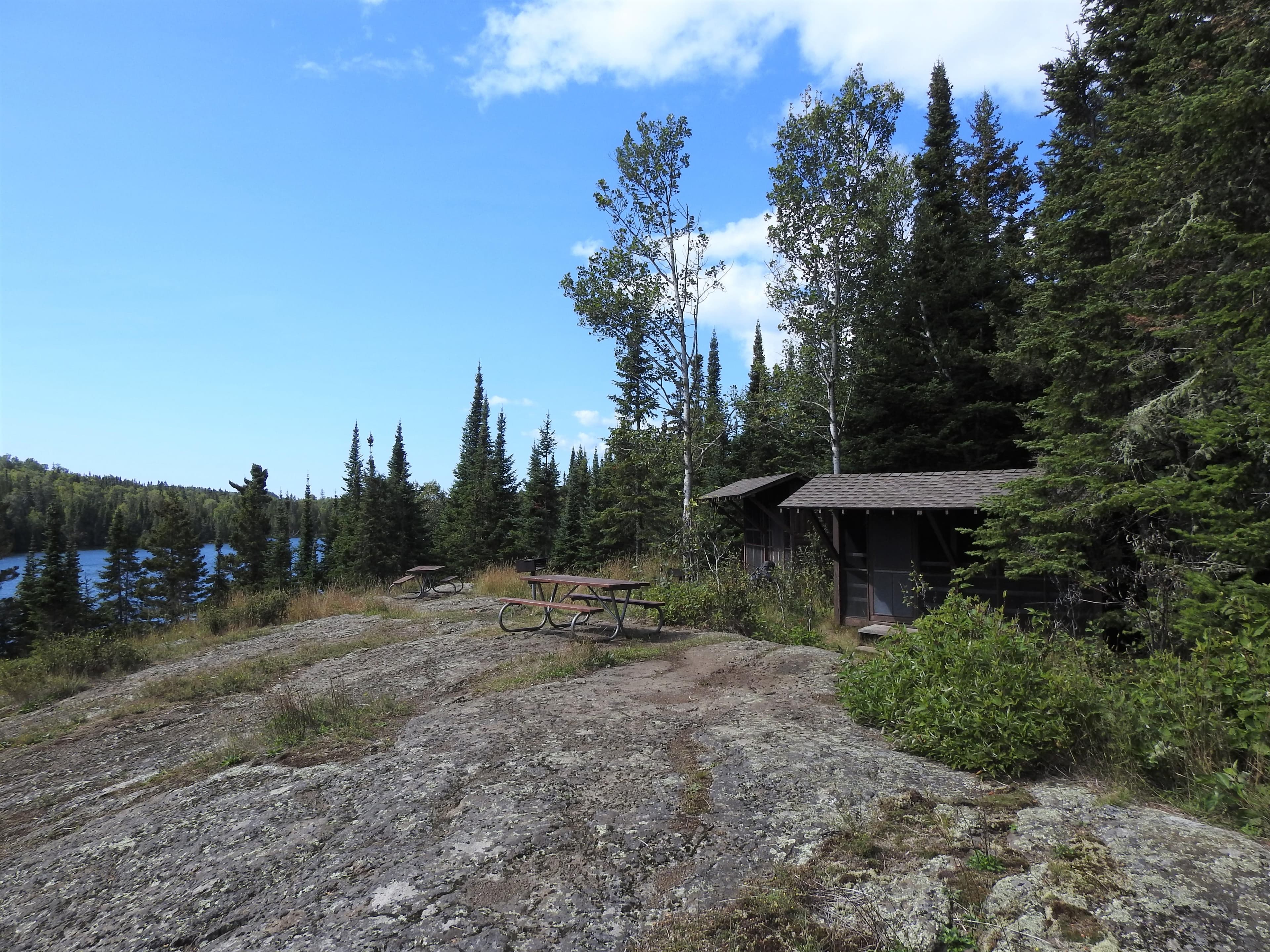 Shelters along the shoreline of Chippewa Harbor