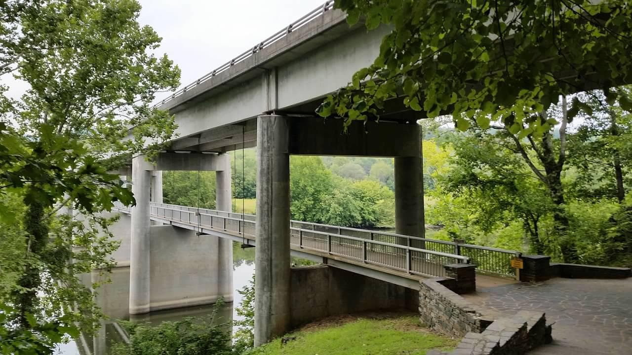 The pedestrian walkway across the James River provides access to the old canal lock.