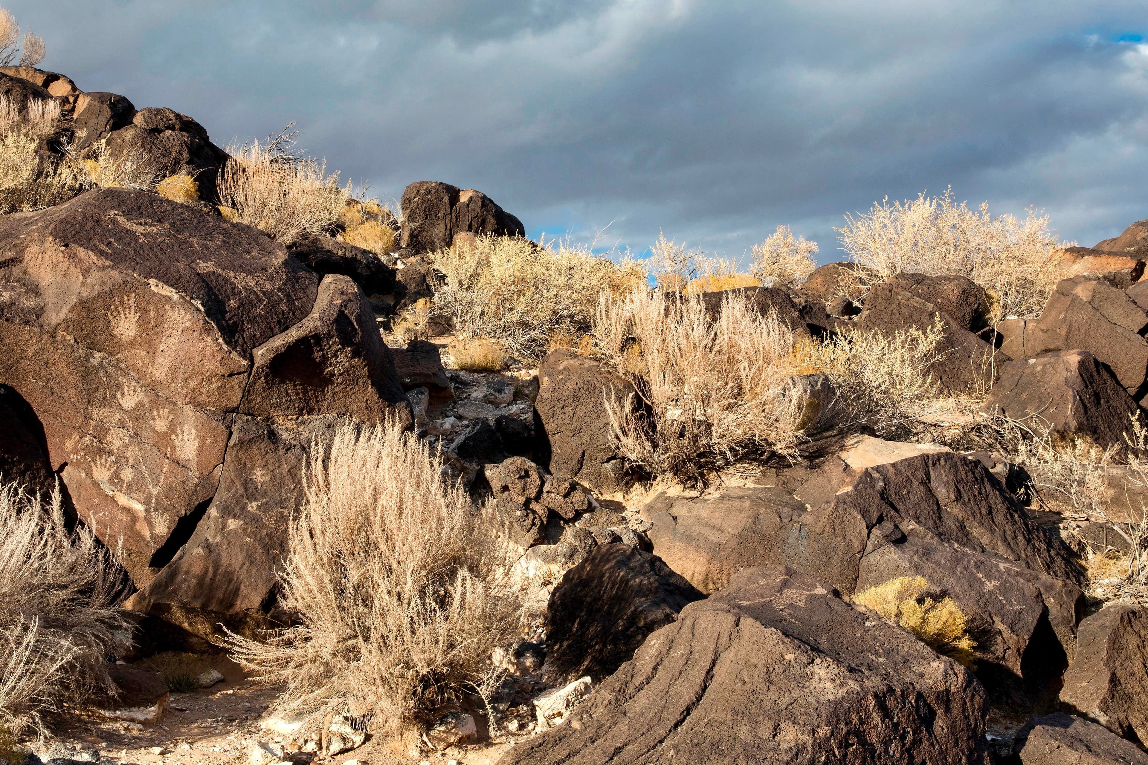 Handprints and other petroglyphs on boulders at Piedras Marcadas.