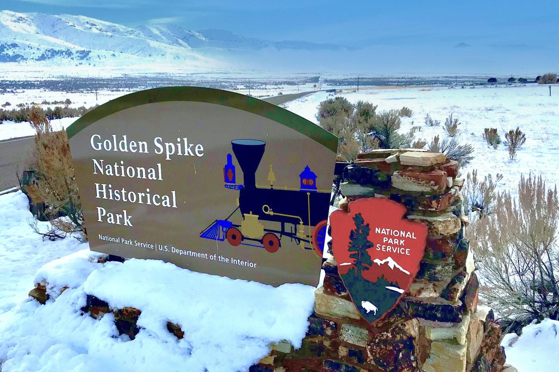 Winter View of Golden Spike Entrance Sign