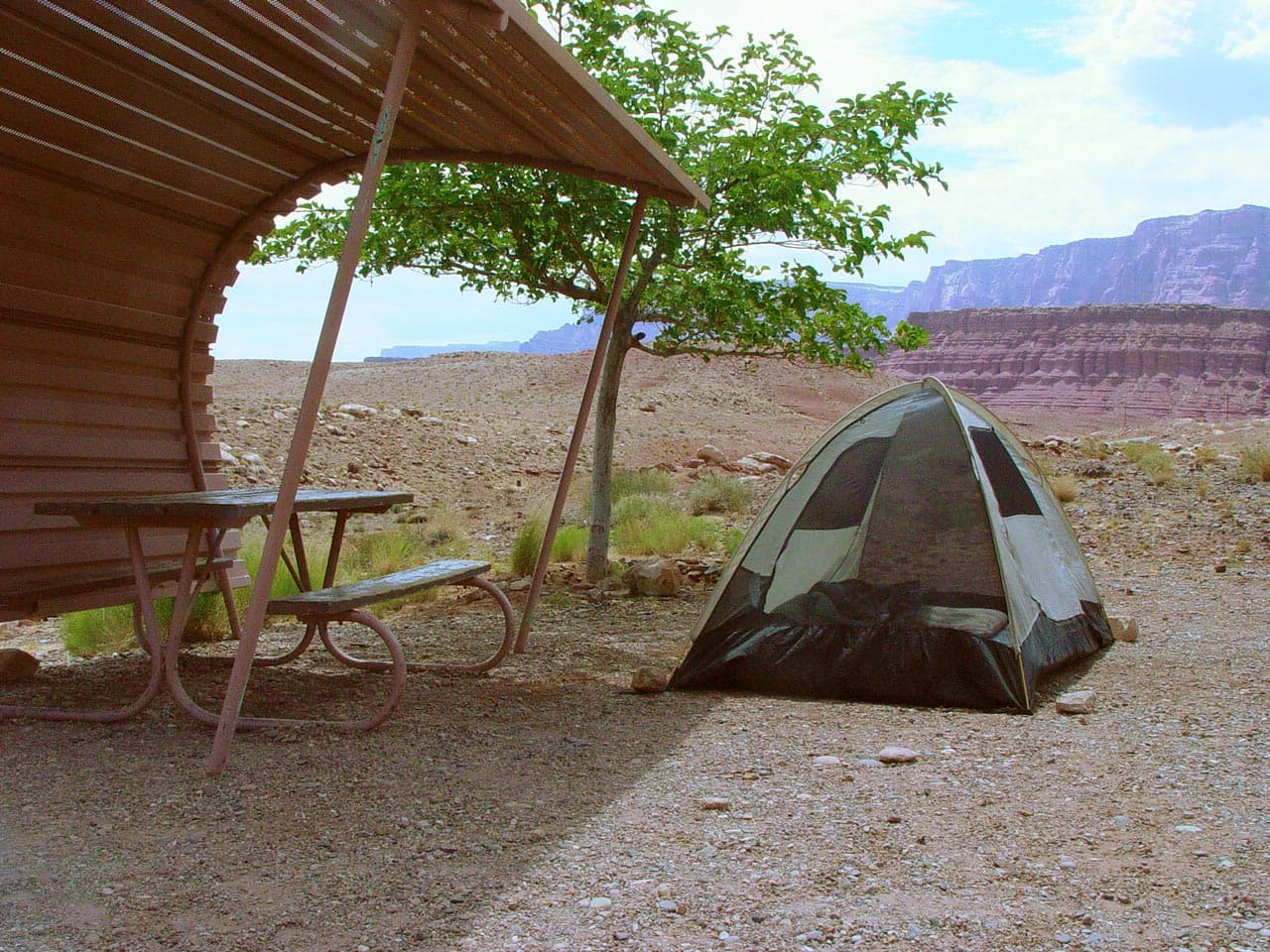 Campsites at Lees Ferry come with shade shelters.