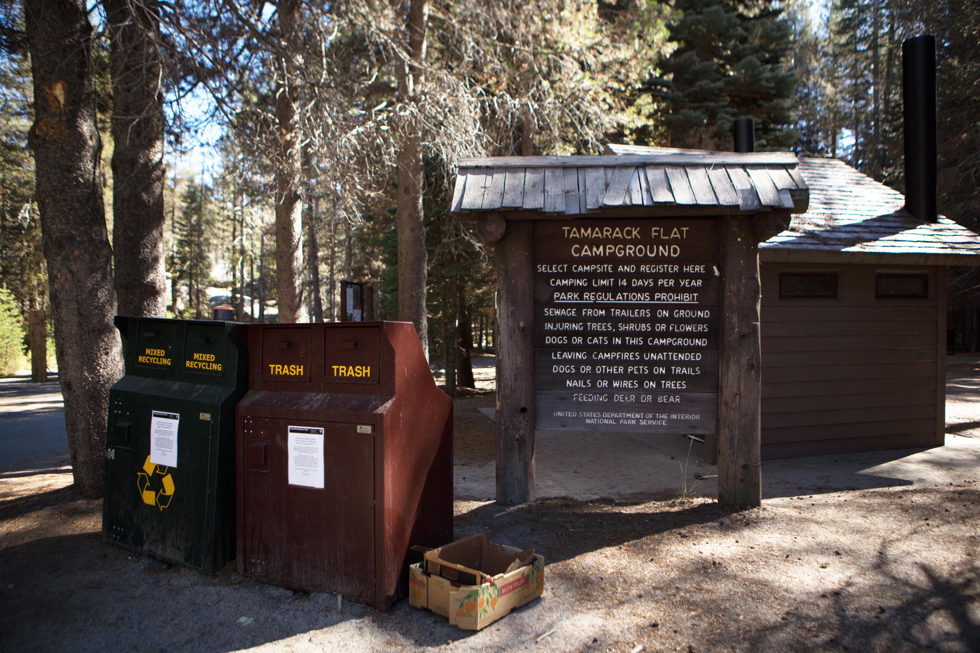 Tamarack Flat Campground Entry Sign and Garbage/Recycling Receptacles