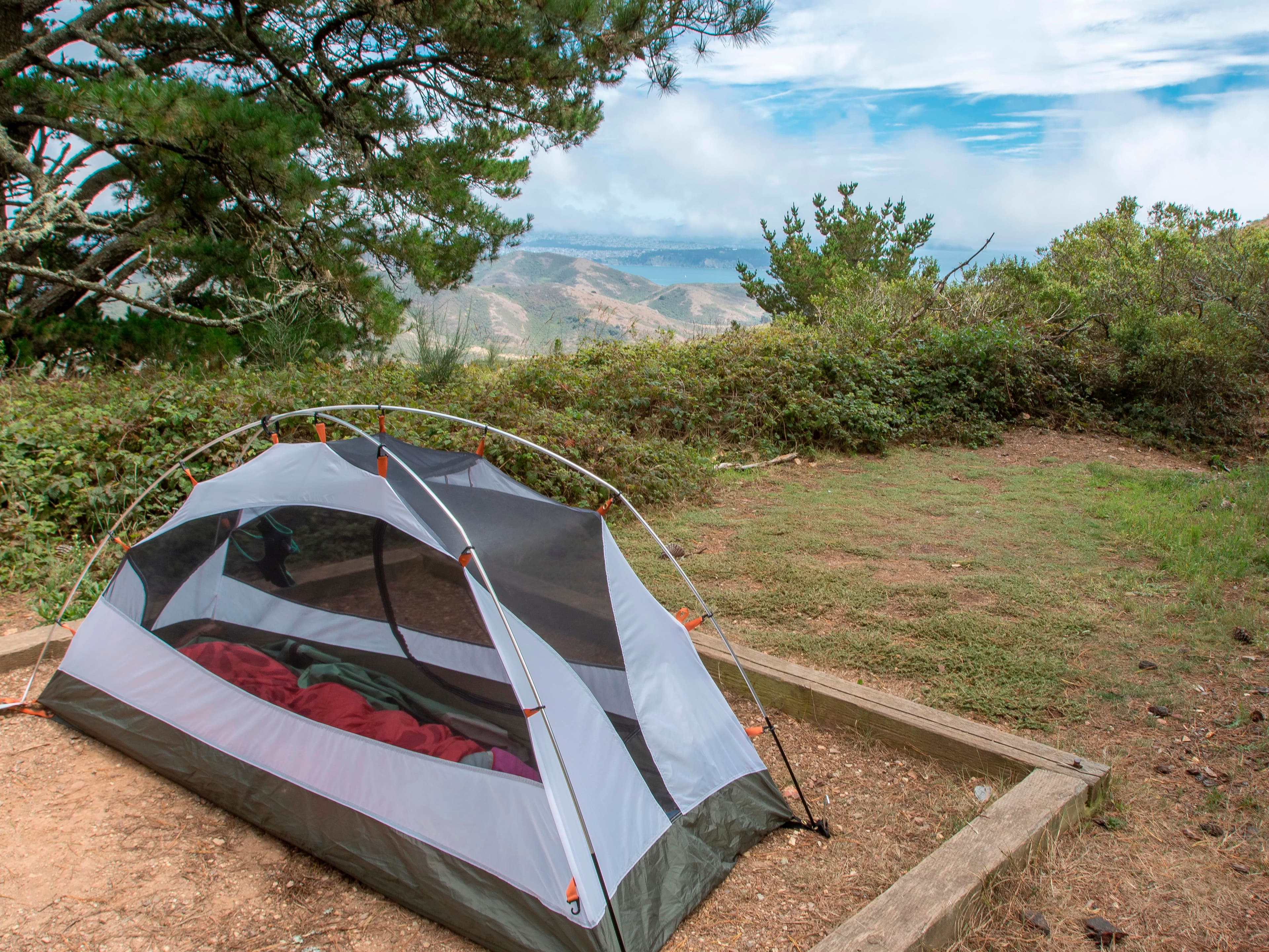 A campsite with cypress trees in the distance.