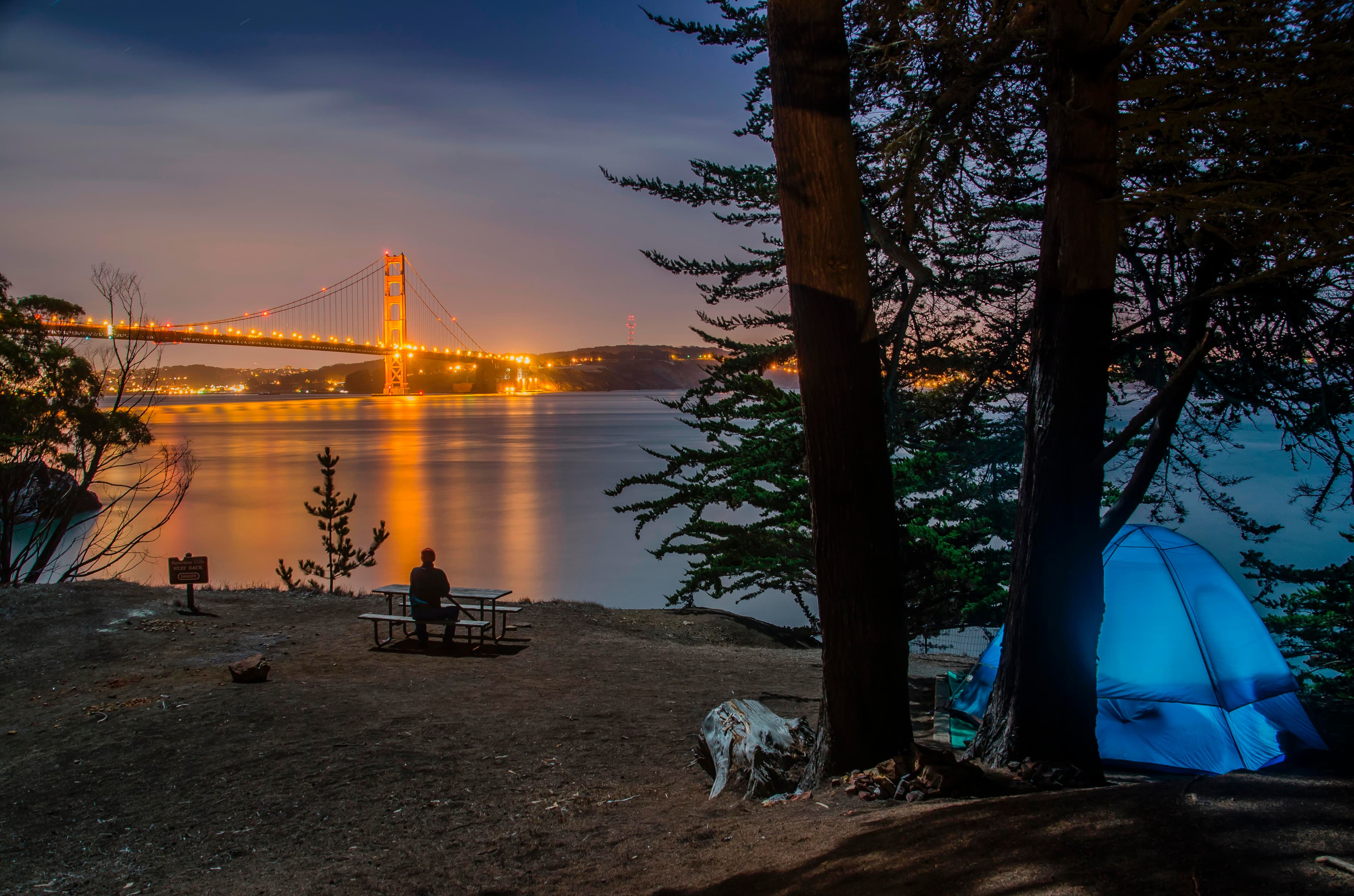 Nighttime view of the Golden Gate Bridge.
