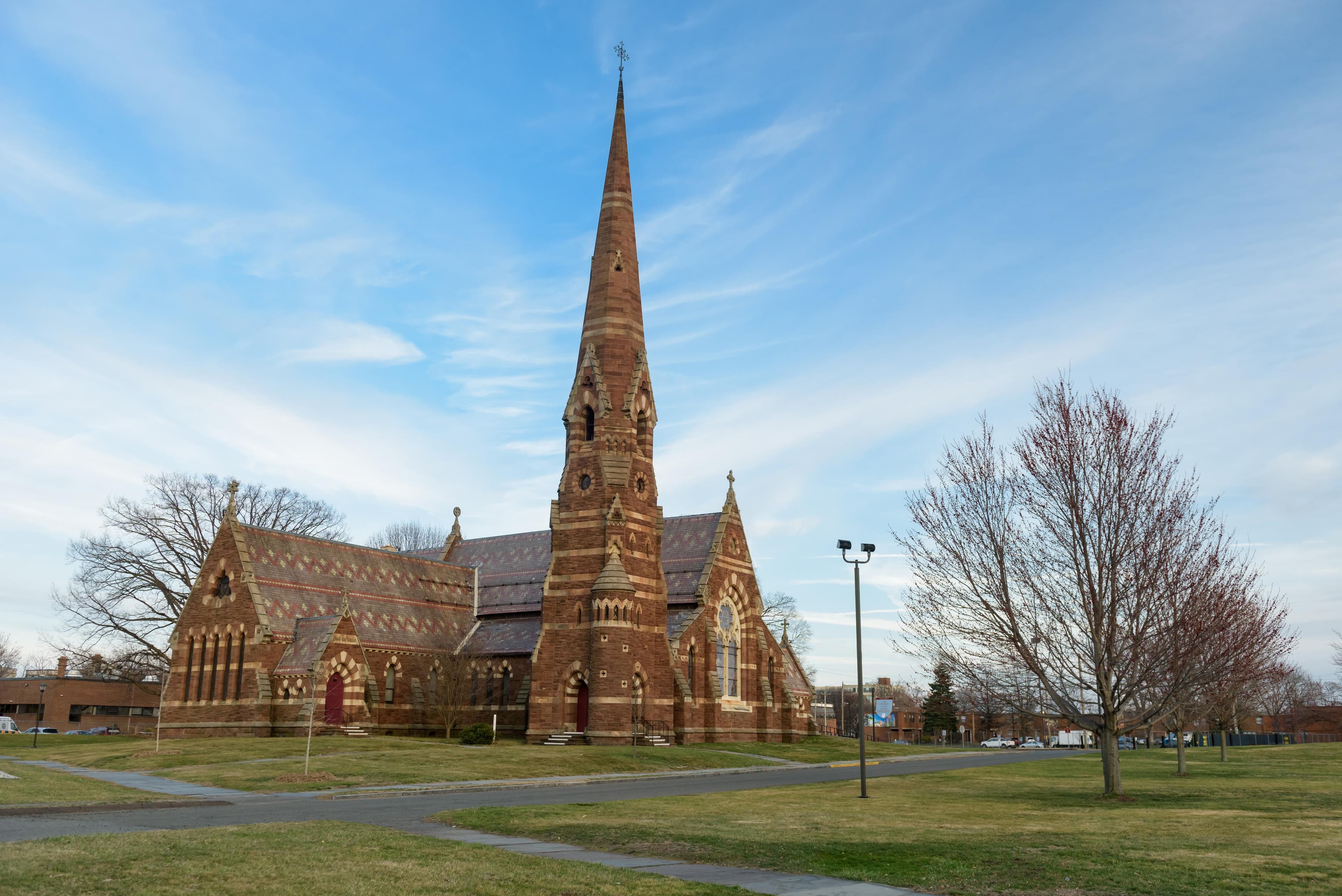 The Church of the Good Shepherd was built by Elizabeth Colt as memorial to her husband, Samuel Colt, and their three children who passed in infancy. It was designed by Edward Tuckerman Potter and dedicate in 1869.