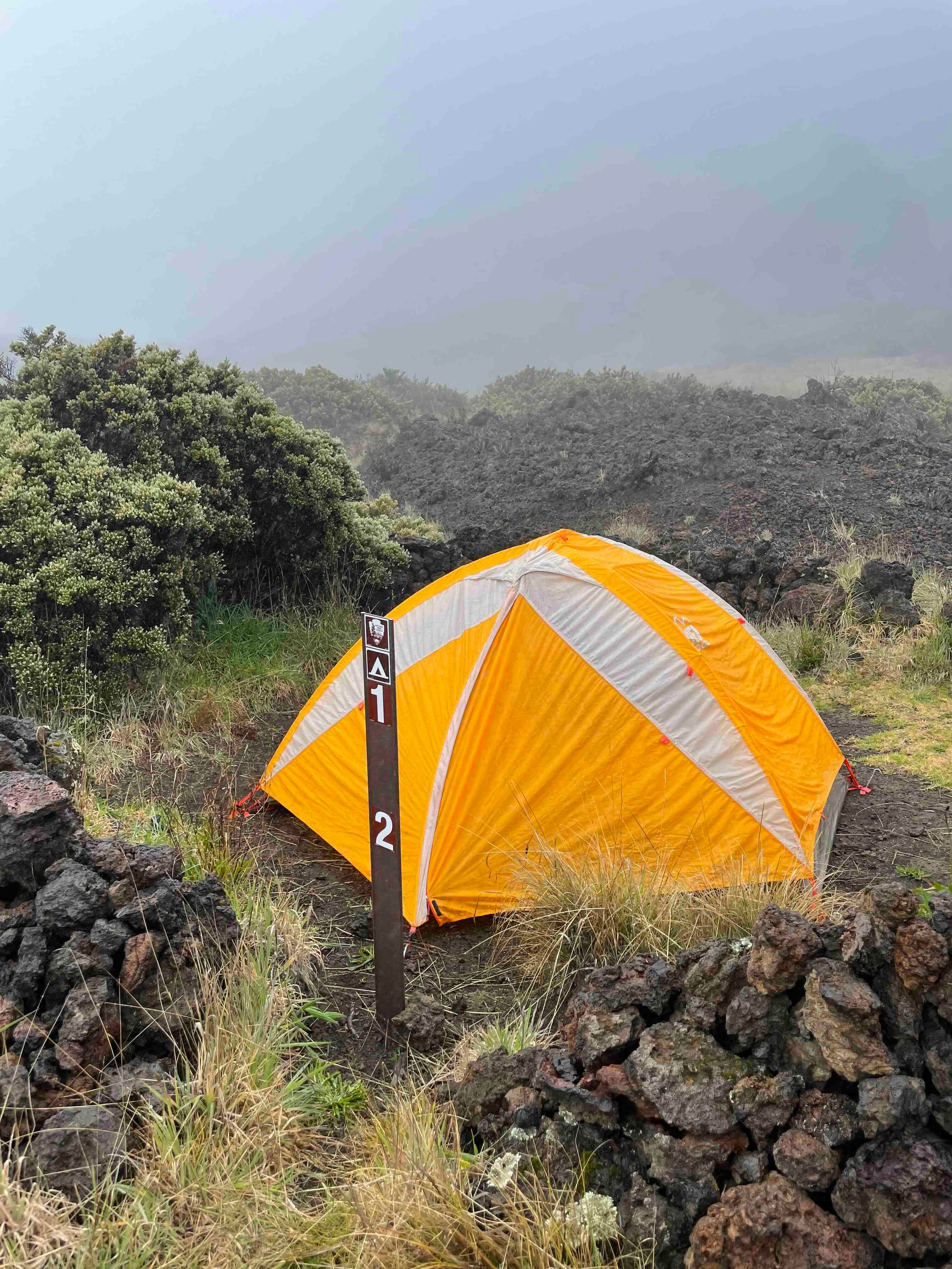 Hōlua tent site 1 is surrounded by a short, rock wall on one side