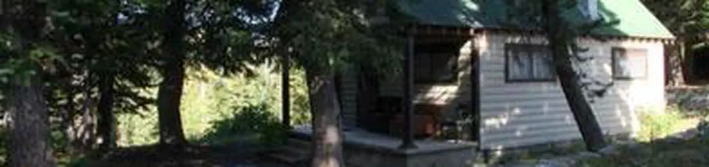 Whiite cabin with green roof located in pine trees